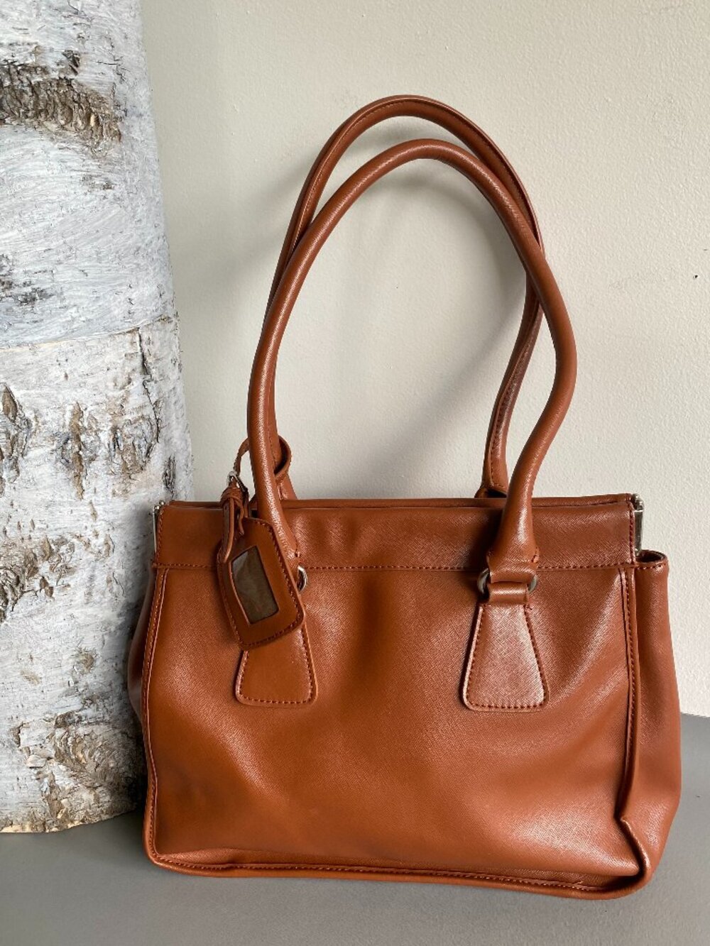 Cognac Saffiano Genuine Leather Work Bag Facile Frame Doctor Tote Office